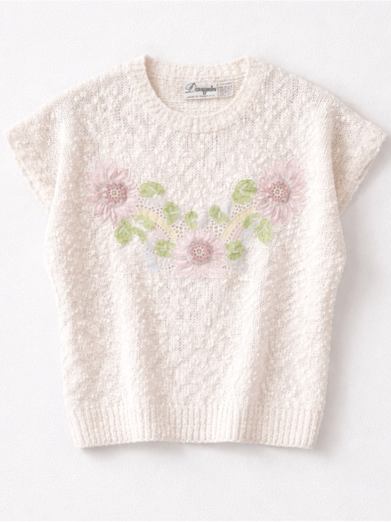 Vintage Sweaters - Vintage Donagain Short Sleeve Sweater Floral Appliqué Front Popcorn Texture